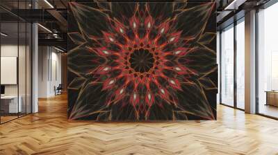 Dynamic geometric floral pattern with animated movements on a black backdrop. Hypnotic cyber design featuring geometric lines and vibrant motion. Wall mural