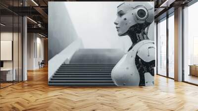 Female robot or cyborg with artificial intelligence ascends futuristic stairs representing the concept of AI learning and advanced technology in neural network training Wall mural