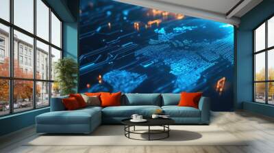 Futuristic binary circuit board design with a blue cyber security theme showcasing an abstract high speed digital internet concept featuring motion blur and a pixelated world map Wall mural