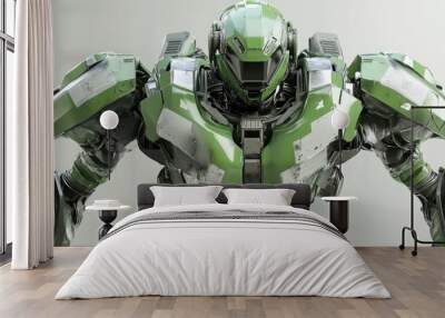 Futuristic mech soldier on a plain background Military robot in green and gray metal piloted and featuring scratched armor Mech battle scene 3D rendering Wall mural