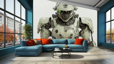 Futuristic mech soldier posed on a neutral background Military style robot featuring green and gray metal with a piloted control system and worn armor 3D rendering of mech combat Wall mural