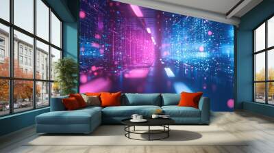 Neon blue and pink background representing digital technology and the metaverse showcasing abstract connections in communication innovation and AI driven big data in a 3D illustration Wall mural