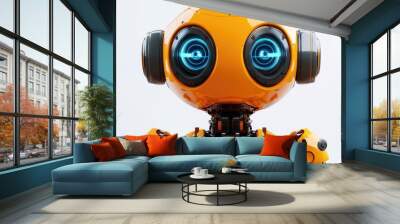 Orange robotic toy featuring a large cylindrical head 3D rendering Wall mural