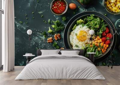 Top view of a nutritious morning meal Wall mural