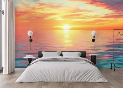 Vibrant sunset casting colorful reflections on calm water creating a serene atmosphere in a tranquil natural setting Wall mural