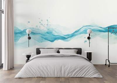 Abstract watercolor painting of blue water waves and splashes on a white background. Wall mural