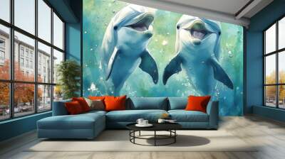 Two happy dolphins smiling and jumping in the water. Wall mural