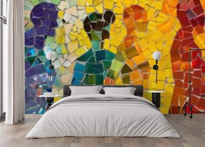 Vibrant mosaic artwork featuring colorful silhouettes in various shades and patterns, symbolizing artistic cooperation. Wall mural