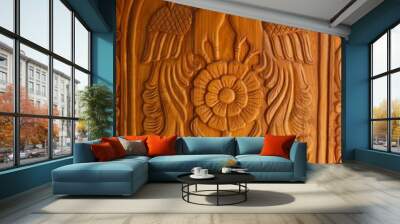 close up Wooden door with carvings on it, background and texture concept Wall mural