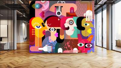 Abstract illustration of six women and a dog. Wall mural