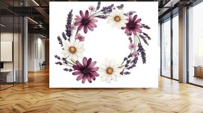 A wreath of spring flowers featuring daisies and lavender intertwined, watercolor style  Wall mural