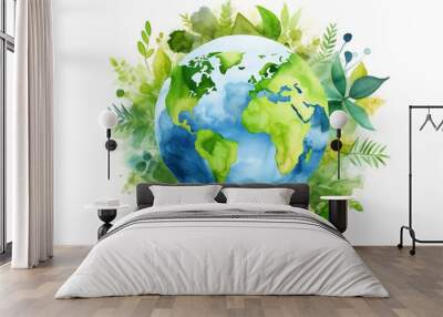 Colorful watercolor globe surrounded by green leaves, symbolizing global environmental awareness, isolated on white background  Wall mural