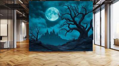 halloween background with moon and tree Wall mural