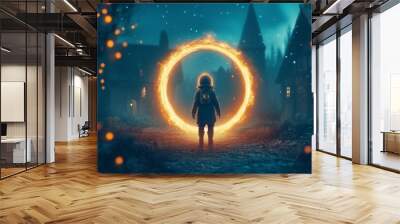 Time Traveler in Futuristic Suit Stepping Out of Glowing Portal into Medieval Town Wall mural