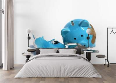 A broken piggy bank with money lies on a white background.	 Wall mural