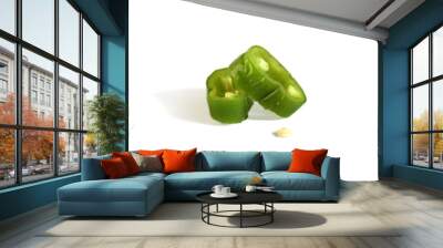 There are two small pieces of green hot pepper on a white background. Wall mural