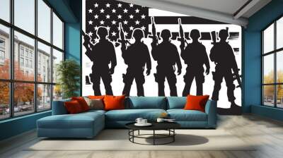 Silhouettes of American soldiers with guns and backpacks Wall mural