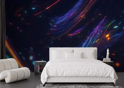 Abstract background with colorful light streaks and dust, futuristic vibrant lines graphic on dark background. Design element for banner, website header. Generative AI. Wall mural