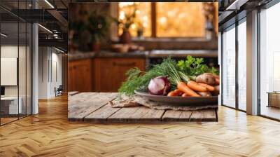 Rustic kitchen with bowls of fresh carrots and onions on wooden table, organic autumn harvest, farm-to-table cooking, website header with copy space. Generative AI Wall mural