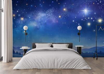 Día de los Reyes Starry Night Background, Soft Stars Glowing in a Deep Indigo Sky with Gentle Landscape Below, Suggesting Peacefulness and Wonder of Holiday’s Nighttime Celebrations Wall mural