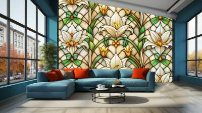 Seamless Stained Glass Texture with Lily Pattern, Natural Colors, Soft Lighting, High Resolution Wall mural