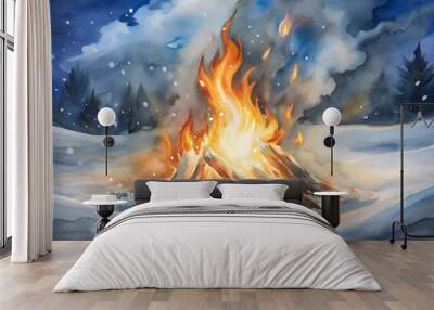 Watercolor Winter Solstice bonfire background, loose expressive strokes of warm orange and yellow flames against a cold dark night sky, surrounded by softly painted snow, symbolizing ancient solstice  Wall mural