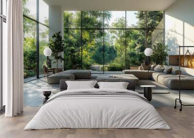 Modern living room with sofa and outdoor garden Wall mural