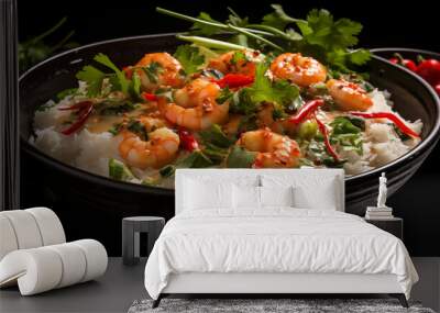 A vibrant dish of wok-cooked shrimp in coconut milk presented elegantly on a black plate. Wall mural