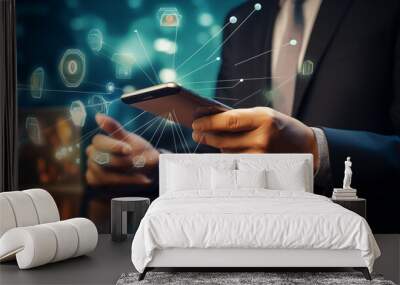 Advances in digitalization and mobile payments improving businessman transactions through network connectivity and touch-based technology . Wall mural