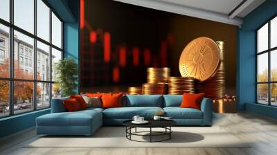 Stack of gold coins with Bitcoin cryptocurrency. Dawn chart background. Wall mural