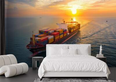 A cargo ship carrying containers sailing in the sea at sunset, viewed from above In the style of Royalcore global container shipping company Wall mural