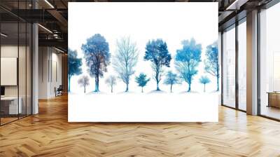 A row of blue watercolor trees with a white background. Wall mural