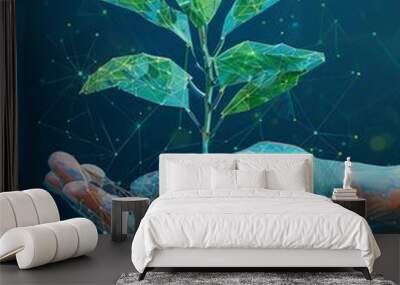 Abstract giving hand with young plant in soil Low poly style design Blue geometric background Wireframe light connection structure Modern 3d graphic concept Isolated vector illustr Wall mural