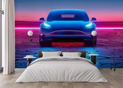 Blue car on a futuristic road with pink neon light. Wall mural