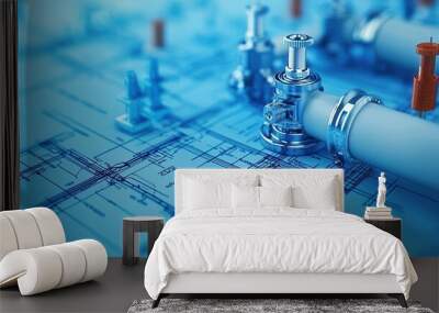 Closeup of a blueprint with detailed sewer system layout, civil engineering precision Wall mural