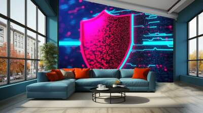 Digital firewall with holographic data shield, protecting against viruses and malware, firewall, cybersecurity Wall mural