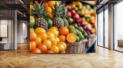 Exotic fruit stall in a tropical market, colorful fruits stacked high, food market, healthy food advertising Wall mural