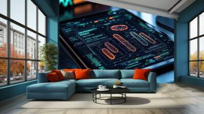 Futuristic bacteria schematics on a digital tablet, sleek interface design, bacterior blueprint, medical technology concept Wall mural