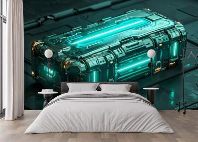 Futuristic glowing metal box on a dark tech background. Wall mural