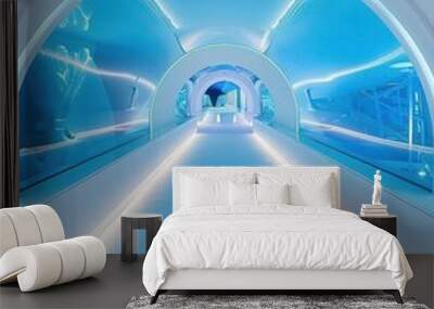 Futuristic tunnel illuminated with cool blue lights, creating a serene and captivating atmosphere for modern architecture. Wall mural