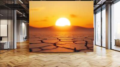 Heatwave with a blazing sun over a cracked earth landscape, extreme weather, intense heat Wall mural