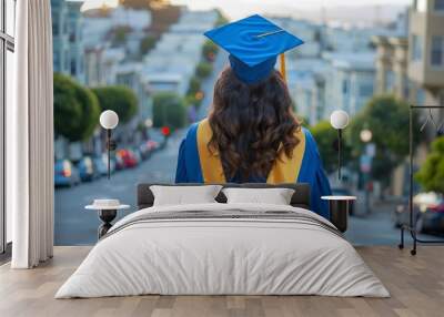 High School Teen with cap and gown on the streets of San Francisco Wall mural