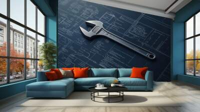 High-tech wrench blueprint with holographic effects, sleek design, futuristic tools Wall mural