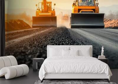 Highway construction site with cranes and asphalt layers, highway expansion, infrastructure growth Wall mural