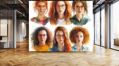 mixed group of women in tech in the style of watercolor painting, white background Wall mural