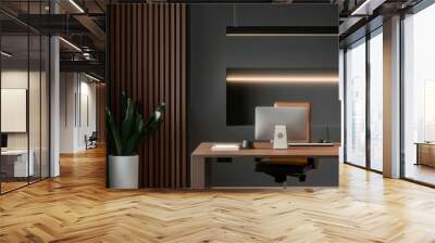 Modern office interior design with wooden wall panels and a sleek desk Wall mural