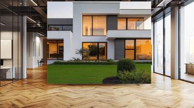 Modern suburban house with a sleek design, large windows, manicured lawn Wall mural