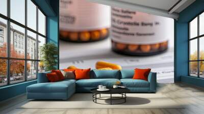 Orange capsules on a prescription paper with two pill bottles. Wall mural