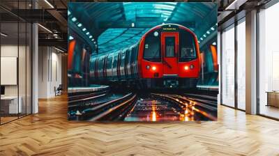 Red subway train arriving at platform in urban city. Wall mural