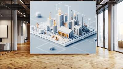 Smart factory crosssection blueprint, AIcoordinated machines, sleek and modern industrial design Wall mural